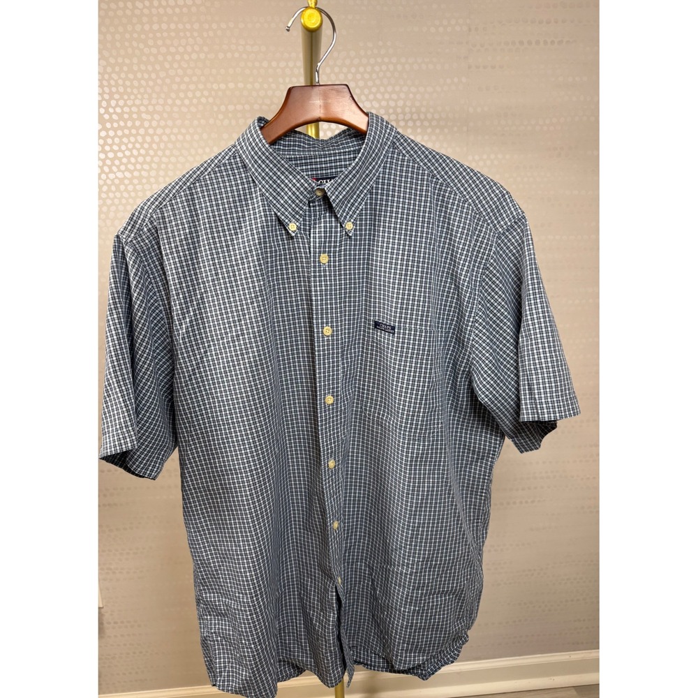 Chaps Ralph Lauren Mens Large Blue White Micro Plaid Short Sleeve Button Down